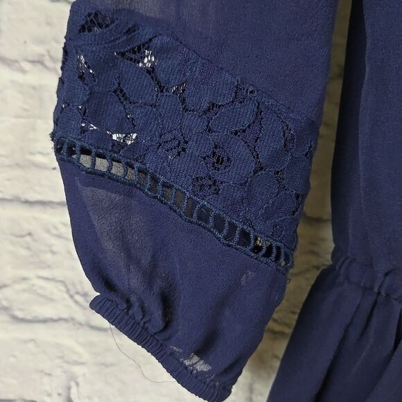 Joie Navy Jevin Silk Romper Pockets Long Sheer Sleeves Floral Lace Short Jumper - Picture 6 of 15